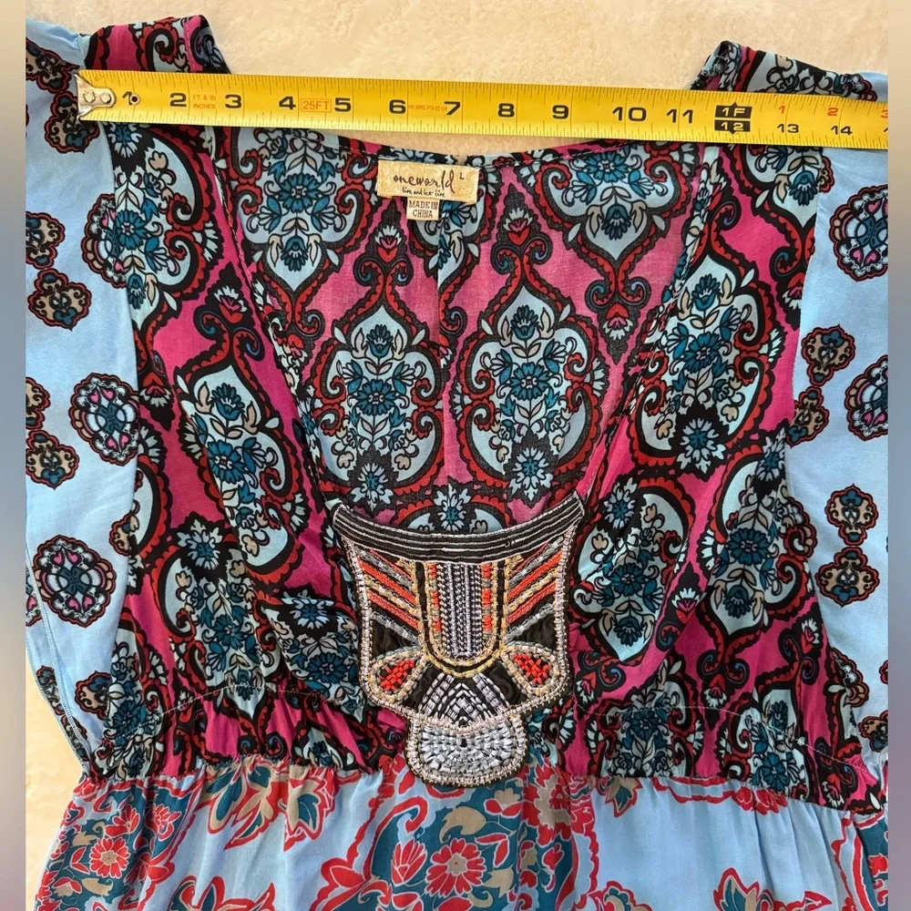 One World Blue & Pink Babydoll, Embroidered chest Top, Loose Boho Chic- size L - Picture 11 of 14
